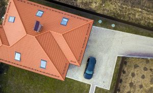 aerial view of roof and car